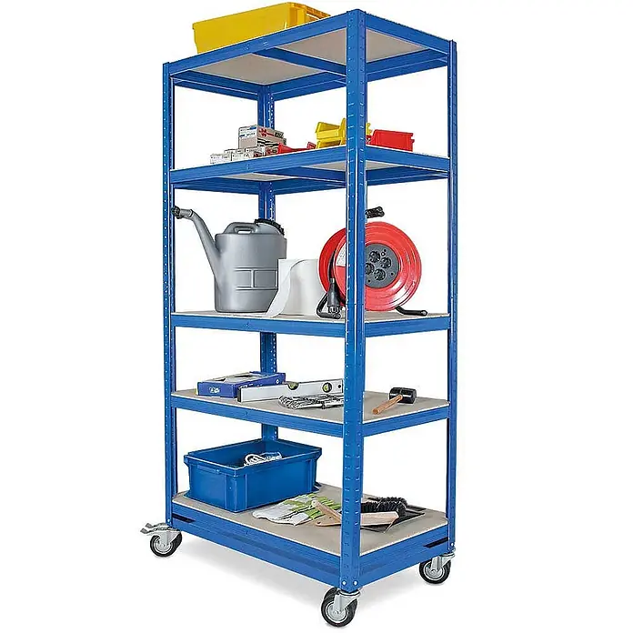 BRB Kommissionierwagen/Etagenwagen mit 5 Ebenen, HxBxT 1905x900x500 mm - blau - Blaues Metall-Regal auf Rollen mit 5 Ablagen, bestückt mit Werkstattzubehör.
