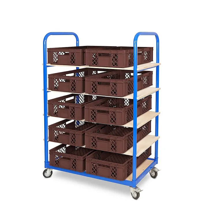 BRB Etagenwagen mit 5 Ebenen, BxTxH 1050x500x1450 mm bestückt mit 10 Euroboxen BxTxH 600x400x150 mm, durchbrochen - braun