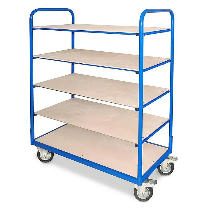 BRB Etagenwagen mit Mehreren Ebenen, BxTxH 1310x580x1545 mm, 4 Lenkrollen, 2 Rollen mit Feststellbremse - 5 Ebenen - Blauer Metallwagen mit fünf Holzablagen und Rollen.