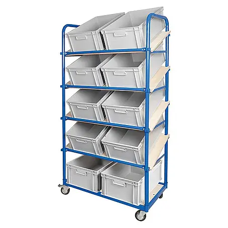 BRB Schrägboden-Regalwagen mit 5 Ebenen, 4 Lenkrollen, bestückt mit 10 Euroboxen 600x400x220 mm grau
