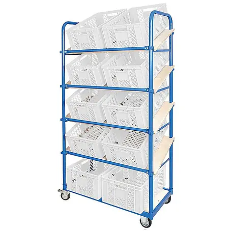 BRB Schrägboden-Regalwagen mit 5 Ebenen, bestückt mit 10 Euroboxen durchbrochen 600x400x240 mm weiß