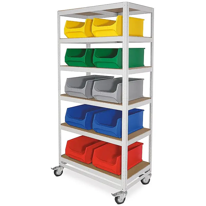 BRB Regalwagen/Kommissionierregal mit 6 Ebenen, Tragkraft 200 kg, BxTxH 900x500x1920 mm, lichtgrau -  - Mobiles Regal mit fünf Böden, je zwei farbige Kunststoff-Lagerbehälter haltend, auf Rollen.