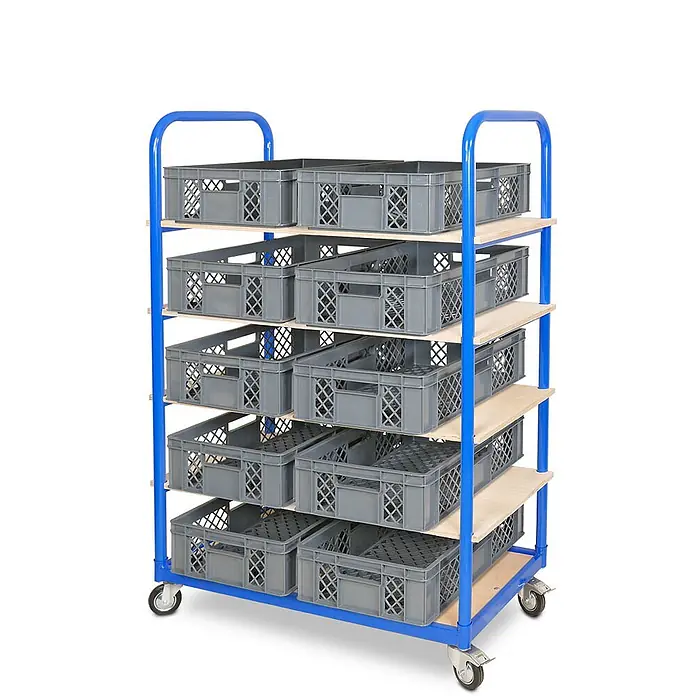 BRB Etagenwagen mit 5 Ebenen, BxTxH 1050x500x1450 mm bestückt mit 10 Euroboxen BxTxH 600x400x150 mm, durchbrochen - grau - Blauer mobiler Regalwagen mit Holzablagen und grauen Kunststoffkästen auf Rollen.