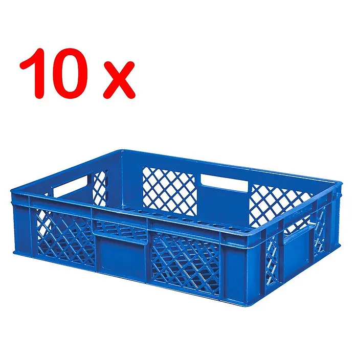 BRB Etagenwagen mit 5 Ebenen, BxTxH 1050x500x1450 mm bestückt mit 10 Euroboxen BxTxH 600x400x150 mm, durchbrochen - blau - 10 blaue, stapelbare Kunststoff-Gitterboxen.