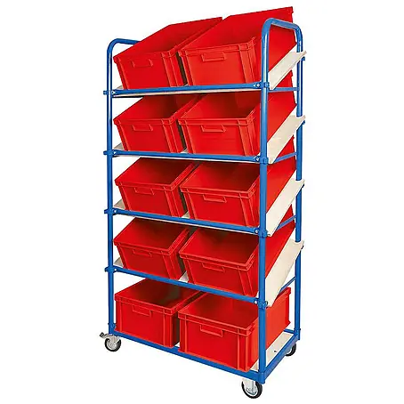 BRB Schrägboden-Regalwagen mit 5 Ebenen, bestückt mit 10 Euroboxen 600x400x220 mm rot