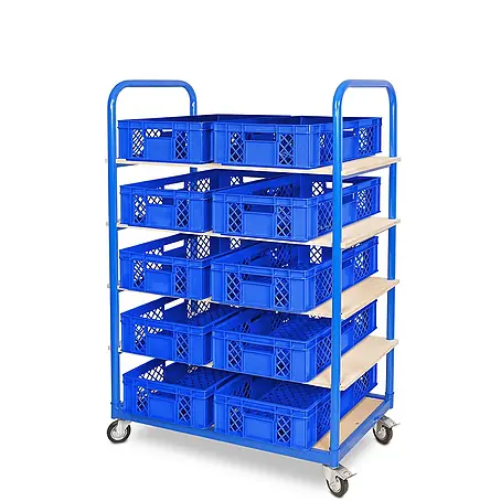 BRB Etagenwagen mit 5 Ebenen, BxTxH 1050x500x1450 mm bestückt mit 10 Euroboxen BxTxH 600x400x150 mm, durchbrochen (blau)