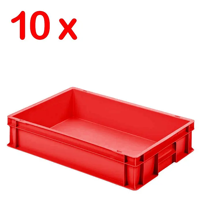 BRB Etagenwagen mit 5 Ebenen, BxTxH 1050x500x1450 mm, bestückt mit 10 Euroboxen BxTxH 600x400x120 mm - rot - Set aus 10 roten Kunststoff-Stapelbehältern für Lagerung oder Transport.
