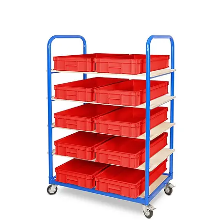 BRB Etagenwagen mit 5 Ebenen, BxTxH 1050x500x1450 mm, bestückt mit 10 Euroboxen BxTxH 600x400x120 mm (rot)