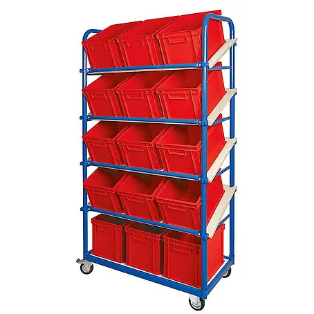 BRB Schrägboden-Regalwagen mit 5 Ebenen, bestückt mit 15 Euroboxen 400x300x235 mm (rot)