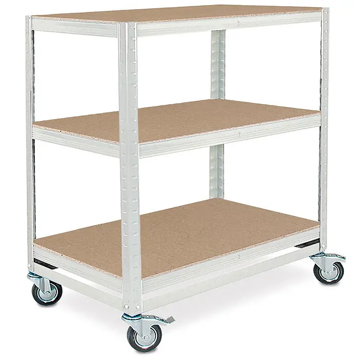 BRB Kommissionierwagen/Etagenwagen mit 3 Ebenen, BxTxH 900x500x1030 mm, Tragkraft 200 kg - lichtgrau - Mobiles Metallregal mit 3 Holzböden und Rollen.
