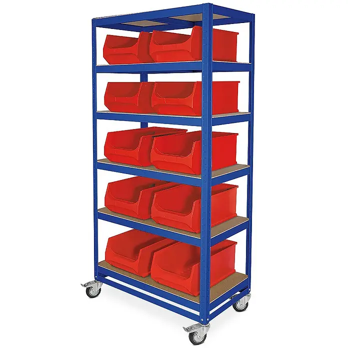 BRB Etagenwagen mit 6 Ebenen, BxTxH 900x500x1905 mm, 4 Lenkrollen, 2 mit Feststellbremse, blau, bestückt mit 10 Sichtboxen LB2, BxTxH 300x500x200 mm - Rot - Blaues mobiles Lagerregal mit roten Aufbewahrungsbehältern auf Rollen.