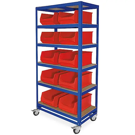 BRB Etagenwagen mit 6 Ebenen, BxTxH 900x500x1905 mm, 4 Lenkrollen, 2 mit Feststellbremse, blau, bestückt mit 10 Sichtboxen LB2, BxTxH 300x500x200 mm (Rot)