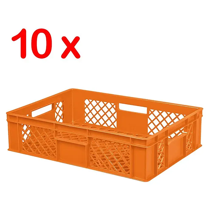 BRB Etagenwagen mit 5 Ebenen, BxTxH 1050x500x1450 mm bestückt mit 10 Euroboxen BxTxH 600x400x150 mm, durchbrochen - orange - Eine orangefarbene Kunststoffkiste mit "10 x" Text und Gittermuster an den Seiten.