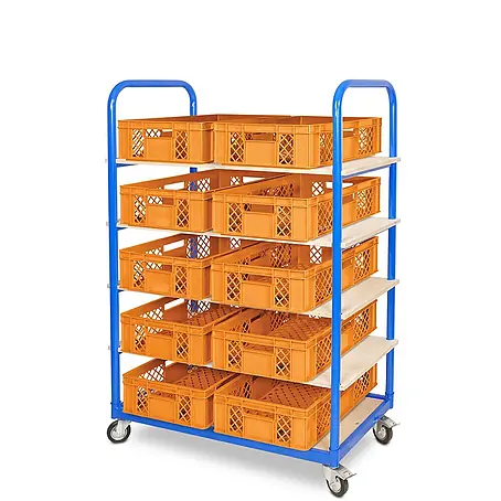 BRB Etagenwagen mit 5 Ebenen, BxTxH 1050x500x1450 mm bestückt mit 10 Euroboxen BxTxH 600x400x150 mm, durchbrochen (orange)