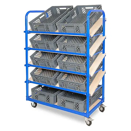 BRB Schrägboden-Regalwagen mit 5 Ebenen, bestückt mit 10 Euroboxen BxTxH 600x400x150 mm, durchbrochen, BxTxH 1050x500x1450 mm (grau)