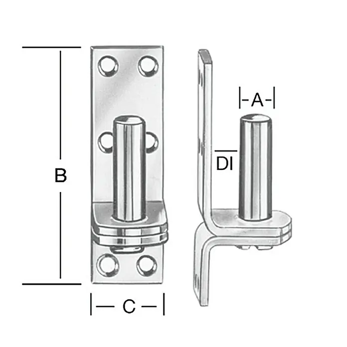 Stabilit Gozne atornillable - Diámetro mandril: 10 mm, Distancia desde mandril hasta placa: 13 mm, 85 x 33 mm - Imagen de una bisagra de puerta con las dimensiones A, B, C y DI, necesarias para instalar y ajustar la bisagra.