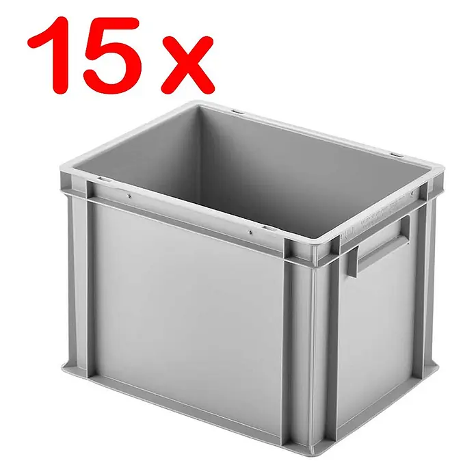 BRB Kommissionierwagen mit 5 Ebenen und 15 Behältern LxBxH 400x300x280 mm in grau -  - Graue stapelbare Kunststoff-Lagerbox mit „15x“-Textüberlagerung.