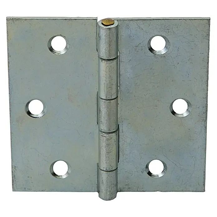 Stabilit Scharnier - 60 x 60 mm, Verzinkt, Silber - Nahaufnahme eines silberfarbenen Türbandes mit abgerundeten Ecken und sechs Schraubenlöchern, das auf einer weißen Oberfläche liegt.
