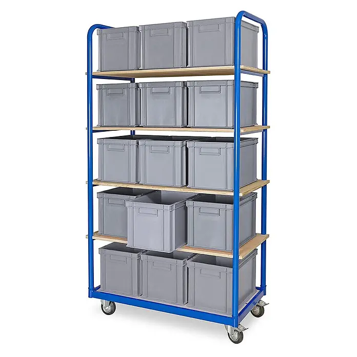 BRB Kommissionierwagen mit 5 Ebenen und 15 Behältern LxBxH 400x300x280 mm in grau -  - Blauer Rollregalwagen mit fünf Holzböden, gefüllt mit grauen Kunststoff-Lagerboxen.