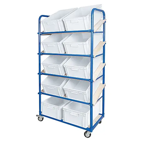 BRB Schrägboden-Regalwagen mit 5 Ebenen, 4 Lenkrollen, bestückt mit 10 Euroboxen 600x400x220 mm weiß
