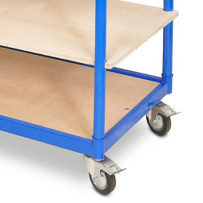 BRB Etagenwagen mit 5 Ebenen, 4 Lenkrollen, BxTxH 1050x500x1450 mm, Gesamttragkraft 250 kg -  - Blauer Metallwagen mit zwei Holzablagen und Lenkrollen, zwei davon mit Bremsen.