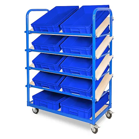 BRB Schrägboden-Regalwagen BxTxH 1050x500x1450 mm, mit 5 Ebenen, 2 Lenk-/2 Bockrollen, bestückt mit 10 Euroboxen BxTxH 600x400x120 mm (blau)