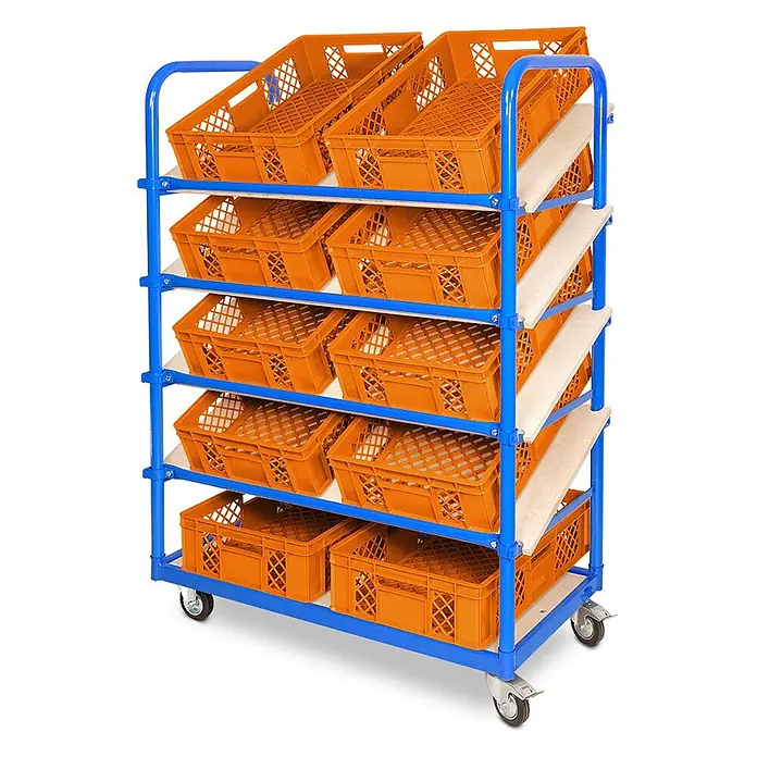 BRB Schrägboden-Regalwagen mit 5 Ebenen, bestückt mit 10 Euroboxen BxTxH 600x400x150 mm, durchbrochen, BxTxH 1050x500x1450 mm - orange
