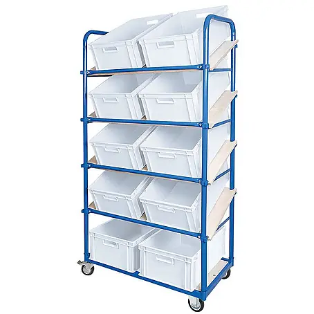 BRB Schrägboden-Regalwagen mit 5 Ebenen, bestückt mit 10 Euroboxen 600x400x220 mm weiß