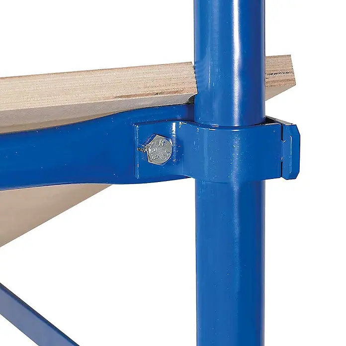 BRB Schrägbodenwagen, LxBxH 1050x500x1880 mm, 2 Lenk- 2 Bockrollen, 2 Lenkrollen mit Feststellbremse -  - Verbindung aus blauem Metallregalpfosten und -träger mit Holzboden.
