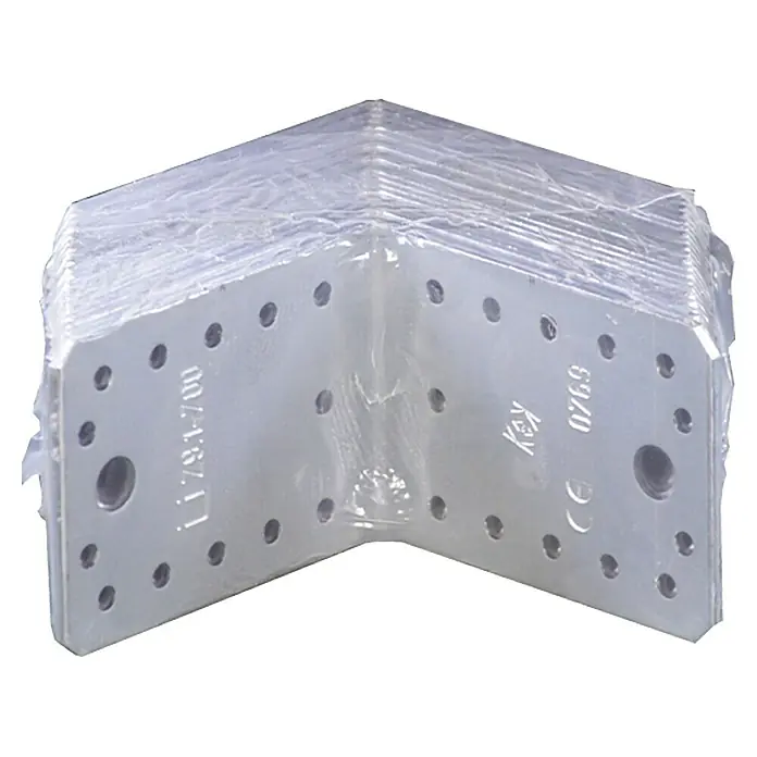 Vormann Conector en ángulo Paquete ahorro - L x An x Al: 90 x 90 x 65 mm, 20 ud. - Primer plano de un paquete sellado de soportes de esquina metálicos plateados con múltiples orificios.