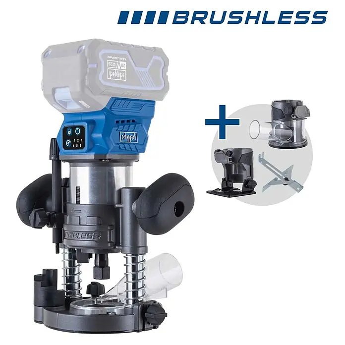 Scheppach IXES 20V Akku-Oberfräse BC-EHR24-X - 20 V, Ohne Akku, 10.000 U/min - 30.000 U/min, 8 mm - Akkubetriebener bürstenloser Oberfräser mit Akku und Zubehör: Tauchbasis, Trimmbasis und Kantenführung, in Blau, Grau, Schwarz.