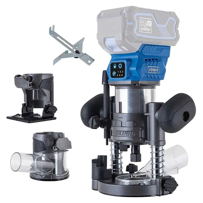 Scheppach IXES 20V Akku-Oberfräse BC-EHR24-X - 20 V, Ohne Akku, 10.000 U/min - 30.000 U/min, 8 mm - Scheppach Akku-Oberfräse mit Akku, blauer Steuerung, verschiedenen Fräsbasen (inkl. transparenter Staubabsaugung) und Metallführung.