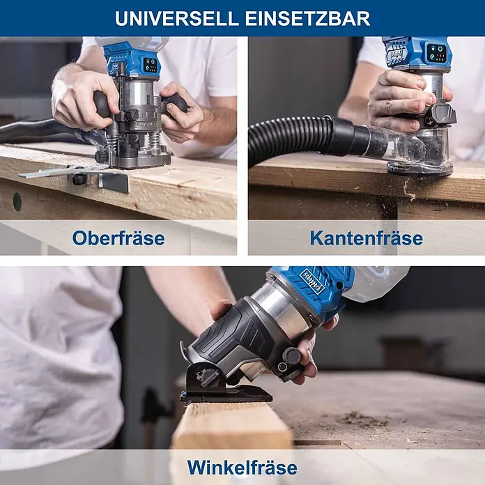 Scheppach IXES 20V Akku-Oberfräse BC-EHR24-X - 20 V, Ohne Akku, 10.000 U/min - 30.000 U/min, 8 mm - Blauer und silberner Holzfräser als Oberfräse, Kantenfräse mit Staubabsaugung und Winkelfräse an Holz gezeigt.