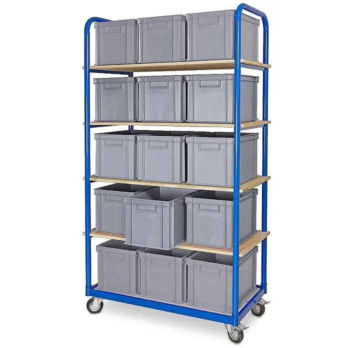 BRB Etagenwagen mit 5 Ebenen, BxTxH 1050x500x1880 mm, bestückt mit 15 Euroboxen BxTxH 400x300x280 mm, 4 Lenkrollen - grau - Blauer mobiler Regalwagen mit fünf Holzablagen, gefüllt mit grauen Kunststoffboxen, auf Rollen.
