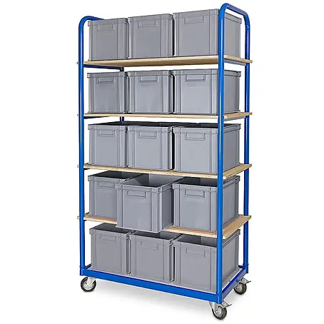 BRB Etagenwagen mit 5 Ebenen, BxTxH 1050x500x1880 mm, bestückt mit 15 Euroboxen BxTxH 400x300x280 mm, 4 Lenkrollen (grau)
