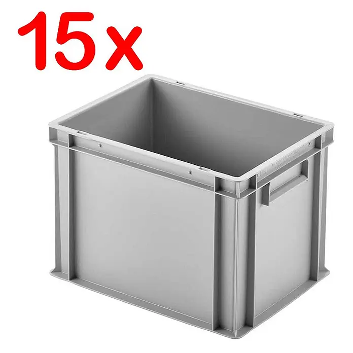 BRB Etagenwagen mit 5 Ebenen, BxTxH 1050x500x1880 mm, bestückt mit 15 Euroboxen BxTxH 400x300x280 mm, 4 Lenkrollen - grau - Graue Kunststoff-Lagerbox im Eurobehälter-Stil.