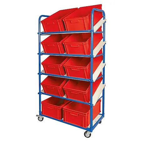 BRB Schrägboden-Regalwagen mit 5 Ebenen, bestückt mit 10 Euroboxen 600x400x220 mm rot
