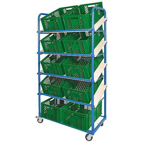 BRB Schrägboden-Regalwagen mit 5 Ebenen, 4 Lenkrollen, bestückt mit 10 Euroboxen durchbrochen 600x400x240 mm grün