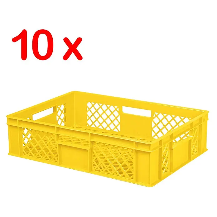 BRB Etagenwagen mit 5 Ebenen, BxTxH 1050x500x1450 mm bestückt mit 10 Euroboxen BxTxH 600x400x150 mm, durchbrochen - gelb - 10x Gelbe Kunststoff-Lagerkiste mit Gitterseiten, ideal für Transport oder Stapelung.