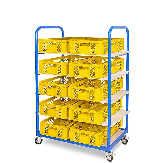 BRB Etagenwagen mit 5 Ebenen, BxTxH 1050x500x1450 mm bestückt mit 10 Euroboxen BxTxH 600x400x150 mm, durchbrochen - gelb - Blauer Rollwagen mit Holzablagen und gelben Kunststoffkisten. Mobile Lager- und Transporteinheit.
