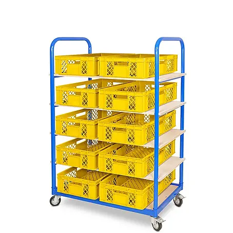 BRB Etagenwagen mit 5 Ebenen, BxTxH 1050x500x1450 mm bestückt mit 10 Euroboxen BxTxH 600x400x150 mm, durchbrochen (gelb)