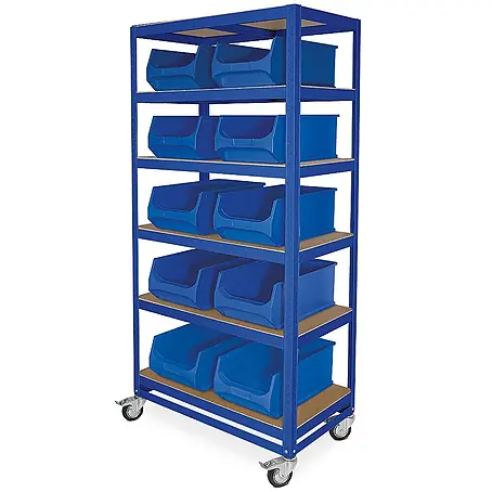 BRB Etagenwagen mit 6 Ebenen, BxTxH 900x500x1905 mm, 4 Lenkrollen, 2 mit Feststellbremse, blau, bestückt mit 10 Sichtboxen LB2, BxTxH 300x500x200 mm (Blau)