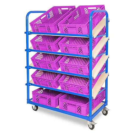 BRB Schrägboden-Regalwagen mit 5 Ebenen, bestückt mit 10 Euroboxen BxTxH 600x400x150 mm, durchbrochen, BxTxH 1050x500x1450 mm (pink)
