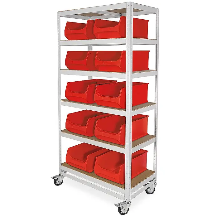 BRB Etagenwagen mit 6 Ebenen, BxTxH 900x500x1905 mm, 4 Lenkrollen, 2 mit Feststellbremse, lichtgrau, bestückt mit 10 bunten Sichtboxen LB2, BxTxH 300x500x200 mm - Rot - Mobiles weißes Metallregal mit mehreren Ablagen und roten Kunststoffbehältern auf Rollen.