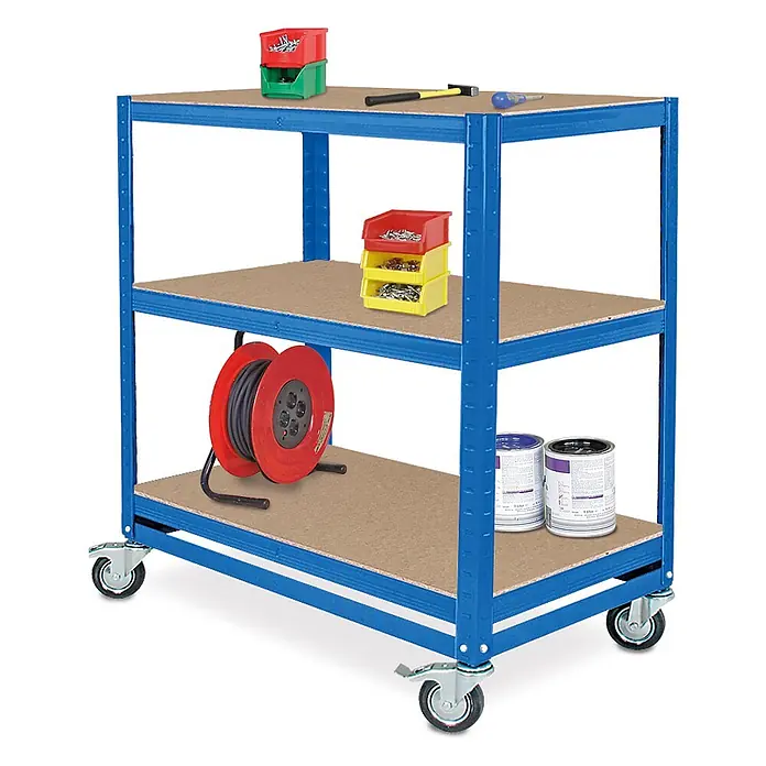 BRB Kommissionierwagen/Etagenwagen mit 3 Ebenen, BxTxH 900x500x1030 mm, Tragkraft 200 kg - blau - Blauer Metall-Regalwagen mit drei Holzböden und Rollen, zur Werkstattlagerung.