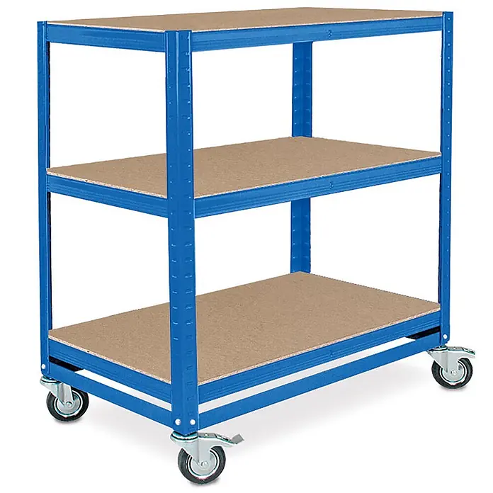 BRB Kommissionierwagen/Etagenwagen mit 3 Ebenen, BxTxH 900x500x1030 mm, Tragkraft 200 kg - blau - Blaues 3-stöckiges mobiles Regal mit Holzregalböden und feststellbaren Rollen.