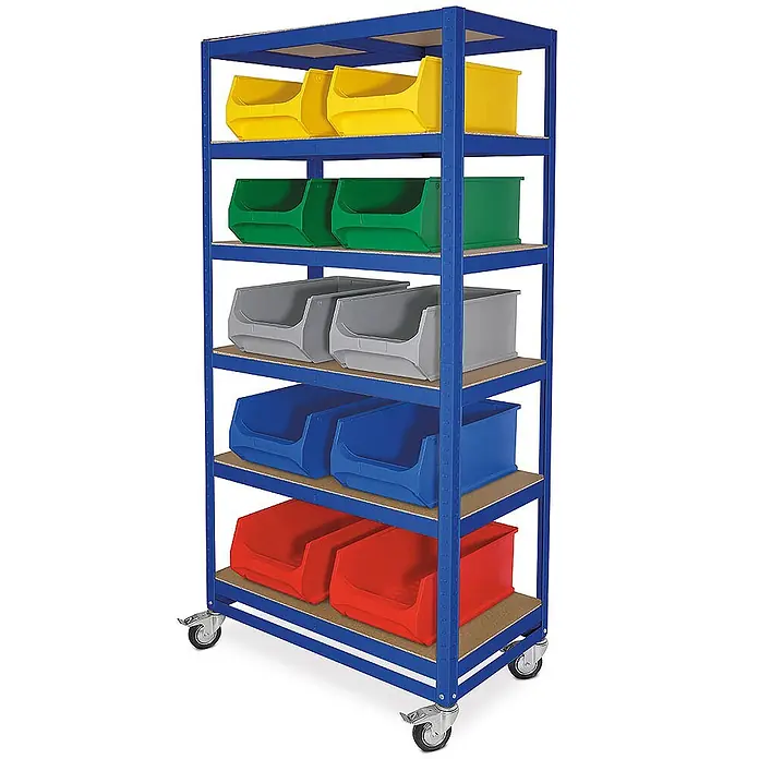 BRB Regalwagen/Kommissionierregal mit 6 Ebenen, Tragkraft 200 kg, BxTxH 900x500x1920 mm, blau, RAL 5010 -  - Mobile blaues Metallregal mit fünf Holzablagen und bunten Kunststoffbehältern auf Rollen.
