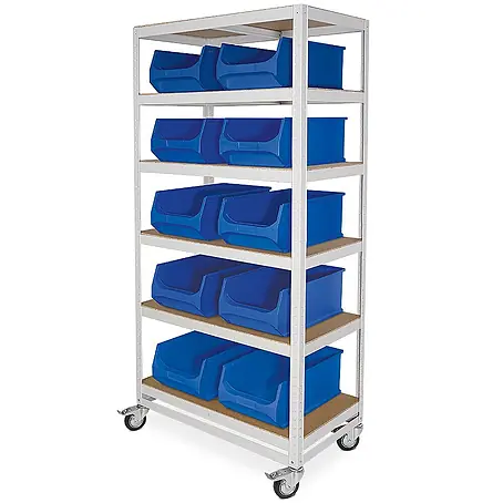 BRB Etagenwagen mit 6 Ebenen, BxTxH 900x500x1905 mm, 4 Lenkrollen, 2 mit Feststellbremse, lichtgrau, bestückt mit 10 bunten Sichtboxen LB2, BxTxH 300x500x200 mm (Blau)