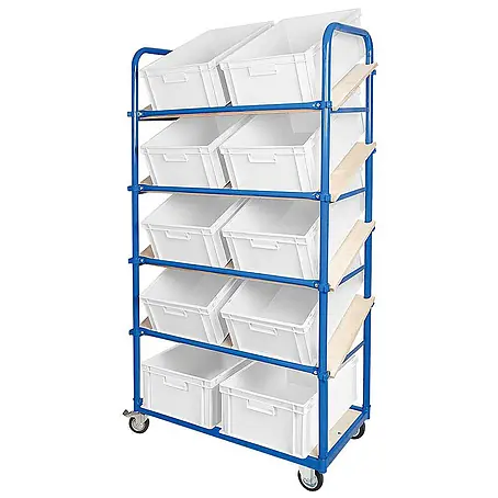 BRB Schrägboden-Regalwagen mit 5 Ebenen, bestückt mit 10 Euroboxen 600x400x220 mm weiß