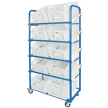 BRB Schrägboden-Regalwagen mit 5 Ebenen, 4 Lenkrollen, bestückt mit 10 Euroboxen durchbrochen 600x400x240 mm weiß